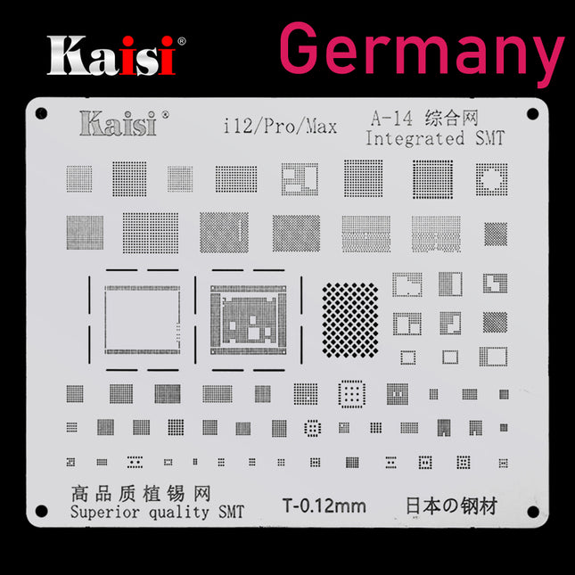 Kaisi 0.12mm BGA Reballing Stencil Solder Template for iPhone IC CPU (A-14) | 12/Pro/Max***DE Warehouse***