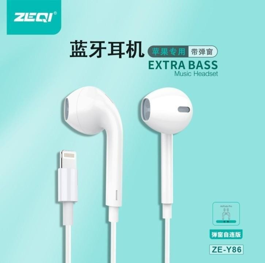 Zeqi ZE-Y86S Handsfree(semi-in-ear)|Lightning for Apple|Bluetooth pop-up window, plug and connect